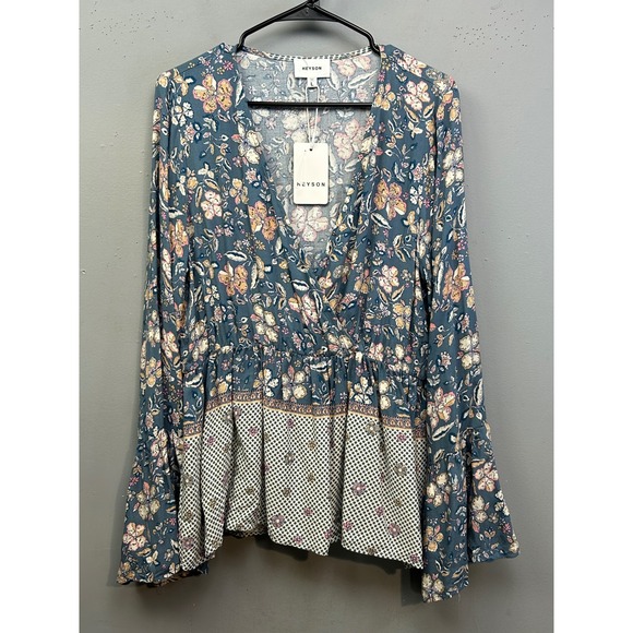 heyson Tops - Heyson Blouse Women Large Blue Floral Boho Bell Sleeve Peplum Cottage V-Neck NEW